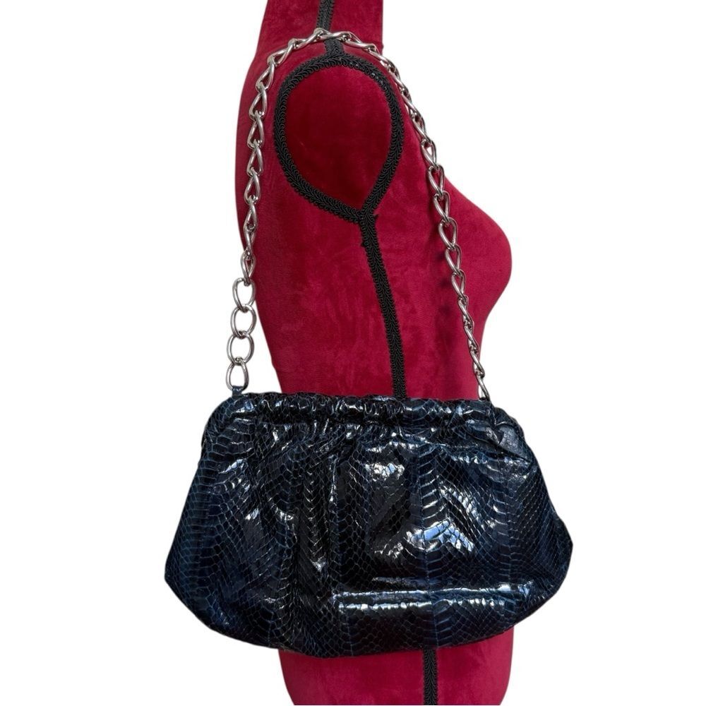 Vintage J Renee Navy Blue Leather Snake Embossed Shoulder Bag Silver Chain Frame